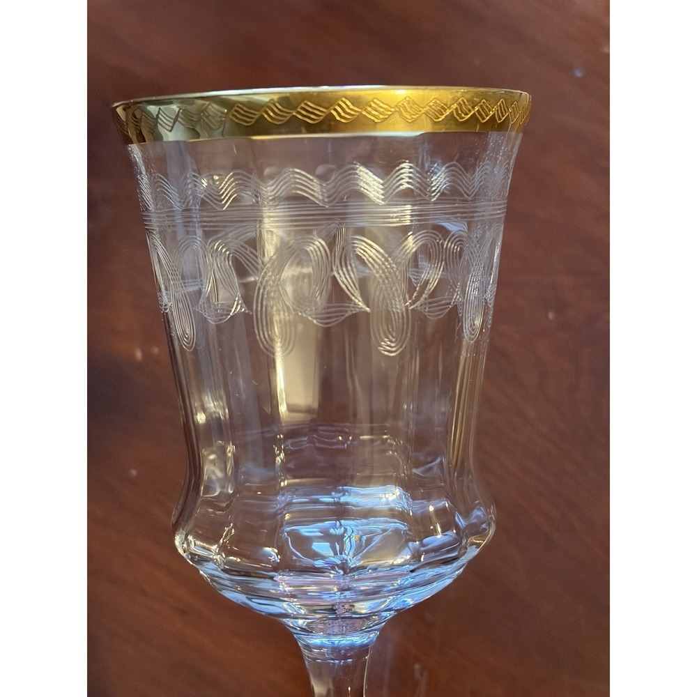 3 Vintage Tiffin-Franciscan 14196-6 Wine Water Goblet Stem Glass Etched Gold Rim - Picture 3 of 8